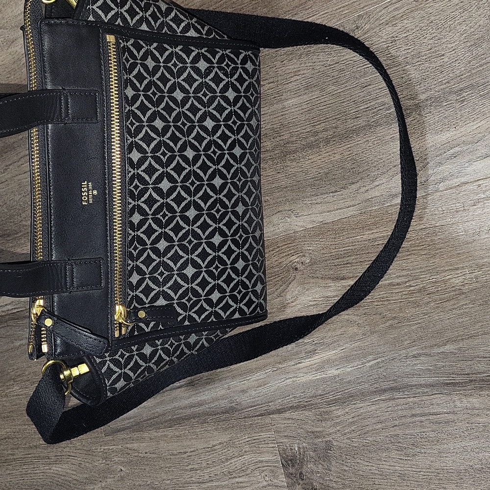 Fossil Tessa satchel purse in black multi geometric print coated canvas